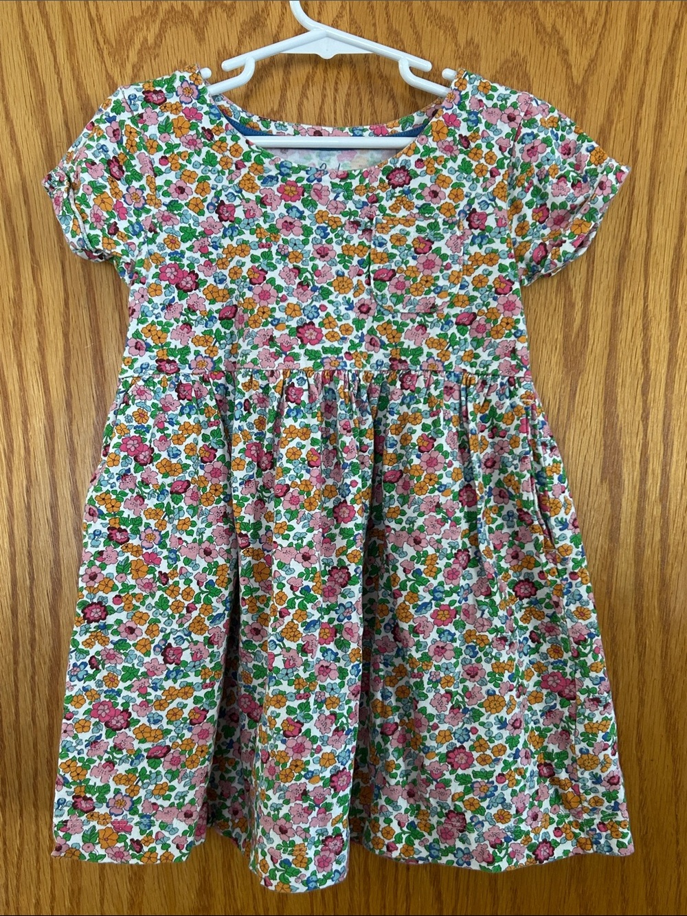 Mini Boden Floral Cotton Short-Sleeve Kids Dress - Pink & Green Sz 4-5
